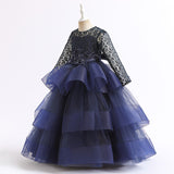 4-14T Kid Girl Long Sleeve Mesh Fluffy Princess Piano Host Birthday Dresses