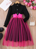 5-12Y Kid Girls Long-sleeved Lapel Waist Mesh Splicing Dresses