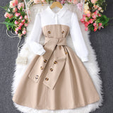 Girls' Long-sleeved Lapel Button-splicing Fashionable Contrasting Simple Dress