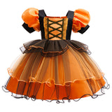 New Girls Princess Dress Halloween Costume Cosplay Witch Dress Bubble Sleeves Pumpkin Mesh Fluffy