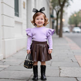 Children's Clothing Girls' Turtleneck Knitted Ribbed Long-sleeved Top Pleated Leather Skirt Two-piece Set
