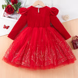 3-8Y Kid Girl Christmas Red Long Sleeve Bubble Sleeve Bow Dresses