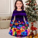 3-10T Kid Girl Flower Long Sleeve Crew Neck Spring Autumn Dresses