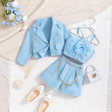 Kid Girls Suit Long-sleeved Flower Suspenders Shorts 3 Pcs Set