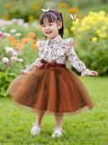 Kid Girls Long Sleeve Lapel Floral Mesh Dress