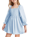 Kid Girl Square Neck Lantern Sleeve Ruffle High Waist Lace Dresses