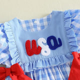 Independence Day Kid Baby Girl Summer Blue Plaid Embroidered Dress