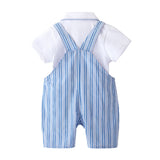 Baby Boy Summer Onesie Blue Striped Lapel Short-sleeved Suit 2 Pcs Set