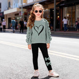 Girls Crew Neck Love Printed Lace Long Sleeve Bow Trousers