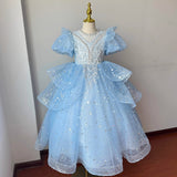 Kid Girl Blue Princess Fluffy Yarn Birthday Host Catwalk Dresses