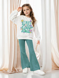 INS Girls Girls Floral and Slogan Pattern Shoulder Pullover and Flared Pants Two-piece Set