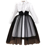 Kid Girls Long-sleeved Lapel Waist Seal Mesh Splicing Pleated Dresses