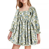 Kid Girl Square Neck Lantern Sleeve Ruffle High Waist Lace Dresses