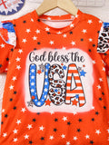 Independence Day Girls English Alphabet Print Short Sleeve Flared Pants Set