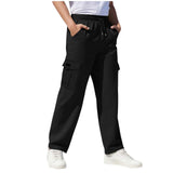 Boys Straight Elastic Waist Loose Lace-up Casual Pants Fashion Solid Color Pocket Tooling Trousers