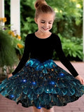 2-10T Kid Girls Sweet Long-sleeved Peacock Feather Print Fashion Dresses
