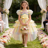 Kid Girls Colorful Mesh Trailing  Bubble-sleeved Dresses