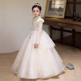 2-12T Kid Girls Catwalk Champagne Long-sleeved Birthday Princess Dresses