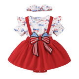 Independence Day Kid Baby Girl Sweet Bow Print Short-sleeved  Dresses