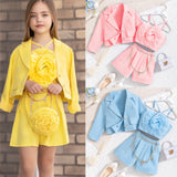 Kid Girls Suit Long-sleeved Flower Suspenders Shorts 3 Pcs Set