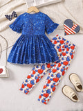 Kid Girls Summer Independence Day Peace Love Full Print 3 Pcs Set