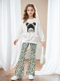 INS Girls Girls Print Sweater and Leopard Flared Pants Casual