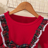 Kid Girl Plaid Long-sleeved Version Christmas Bow A-shaped Dress