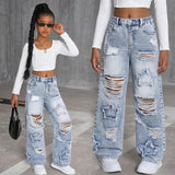 7-12Y Kid Teen Girl Fashion Explosion Ripped Star Decorated Wide Leg Jeans Pants