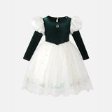 2-8Y Kid Baby Girls Autumn Winter Dark Green Long Sleeve Bubble Sleeve Party Dresses