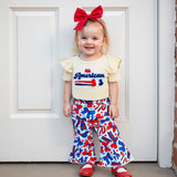 Independence Day Letter Embroidered Flying Sleeves Flared Short Sleeve Set 2 Pcs/Set