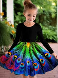 2-10T Kid Girls Sweet Long-sleeved Peacock Feather Print Fashion Dresses
