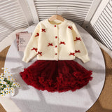 2-6Y Kid Baby Girl Christmas Long-sleeved Versatile Bow Knitted Suits 3 Pcs/Set