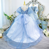 Kid Baby Girl Backless Sequin Piano Blue Bubble Sleeve Dresses