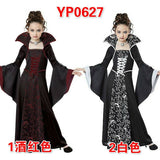 Halloween Children's Costume Witch Uniform Medieval Vintage Lace-Up Collar Flared Sleeve Long Dress
