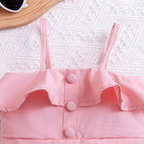 Kid Girl Summer Casual Ruffle Leaf Edge Solid 2 Pcs Set