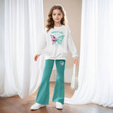 INS Girls 2-piece Set & Butterfly Print Long-sleeved Sweater + Flared Pants