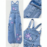 7-12Y Kid Girl Flower Embroidered Denim Overalls Casual Personality Jumpsuit Pants