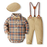 9M-3Y Baby Boy Plaid Gentleman Suit British Long Sleeves 4 Pcs Set