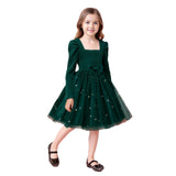 Kid Girls Long-sleeved Star Bow Belt Princess Dresses