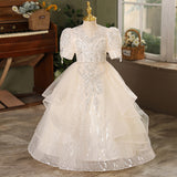 2-12T Kid Girls Luxury Flower Wedding Princess Host Piano Performance Dress