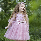 Kid Girl Autumn Long-sleeved Polka Bow Mesh Gauze Dresses