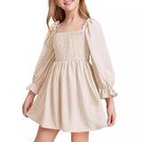 Kid Girl Square Neck Lantern Sleeve Ruffle High Waist Lace Dresses