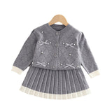 1-6T Kid Baby Girls College Bow Knitted Suit 2 Pcs Set