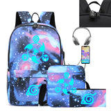 3pcs Luminous Naruto Backpack Students Anime USB Charging Schoolbag