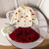 2-6Y Kid Baby Girl Christmas Long-sleeved Versatile Bow Knitted Suits 3 Pcs/Set