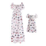 Family Matching  Butterfly Printing Bubble Sleeves Elegant Long Dresses