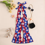 Kid Baby Girl Independence Day Flower Stripe Printed Neck Tie-Up Flared Pants