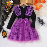 3-8Y Halloween Kid Girls Strip Pumpkin Bat Print Mesh Dresses