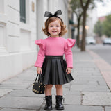 Children's Clothing Girls' Turtleneck Knitted Ribbed Long-sleeved Top Pleated Leather Skirt Two-piece Set