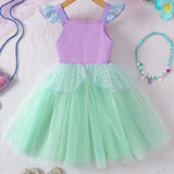 Kid Girl Flying Sleeve Suspender Mesh Sequins Mermaid Princess Dresses